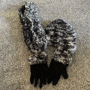 Fluffy furry Black and Gray Scarf Hat Gloves Winter Gear Set